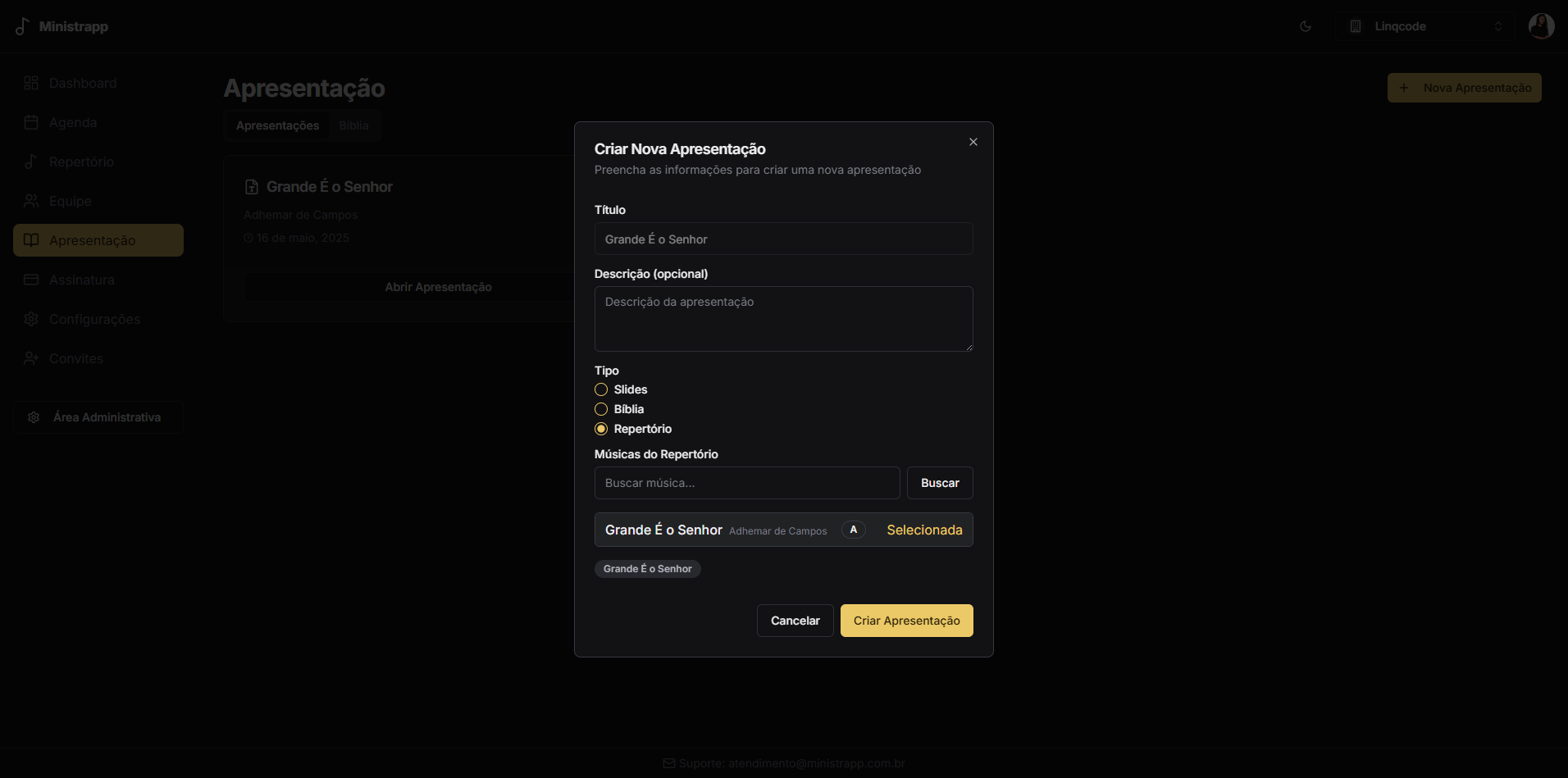 Modal de nova apresentação