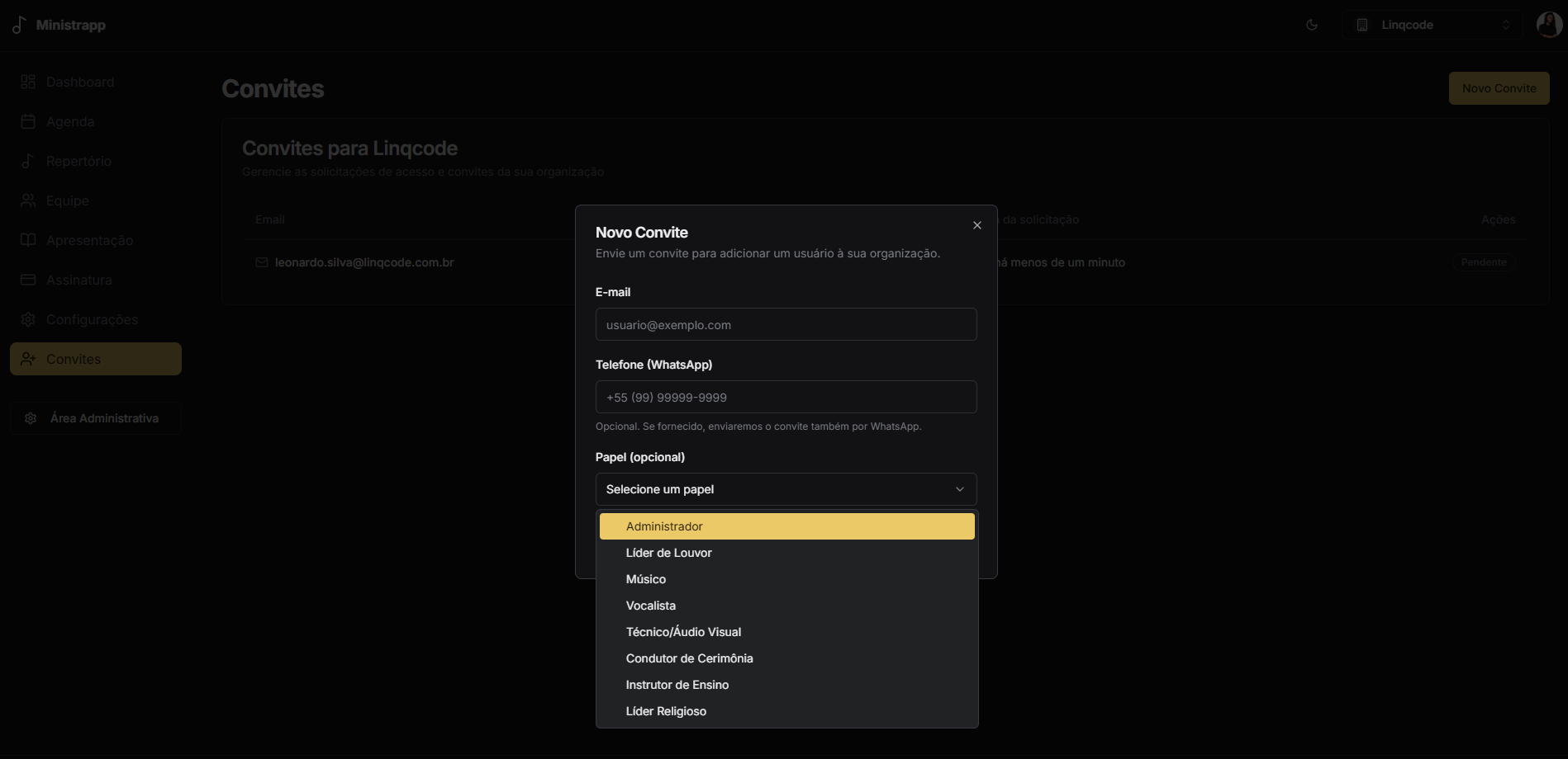 Modal de novo convite