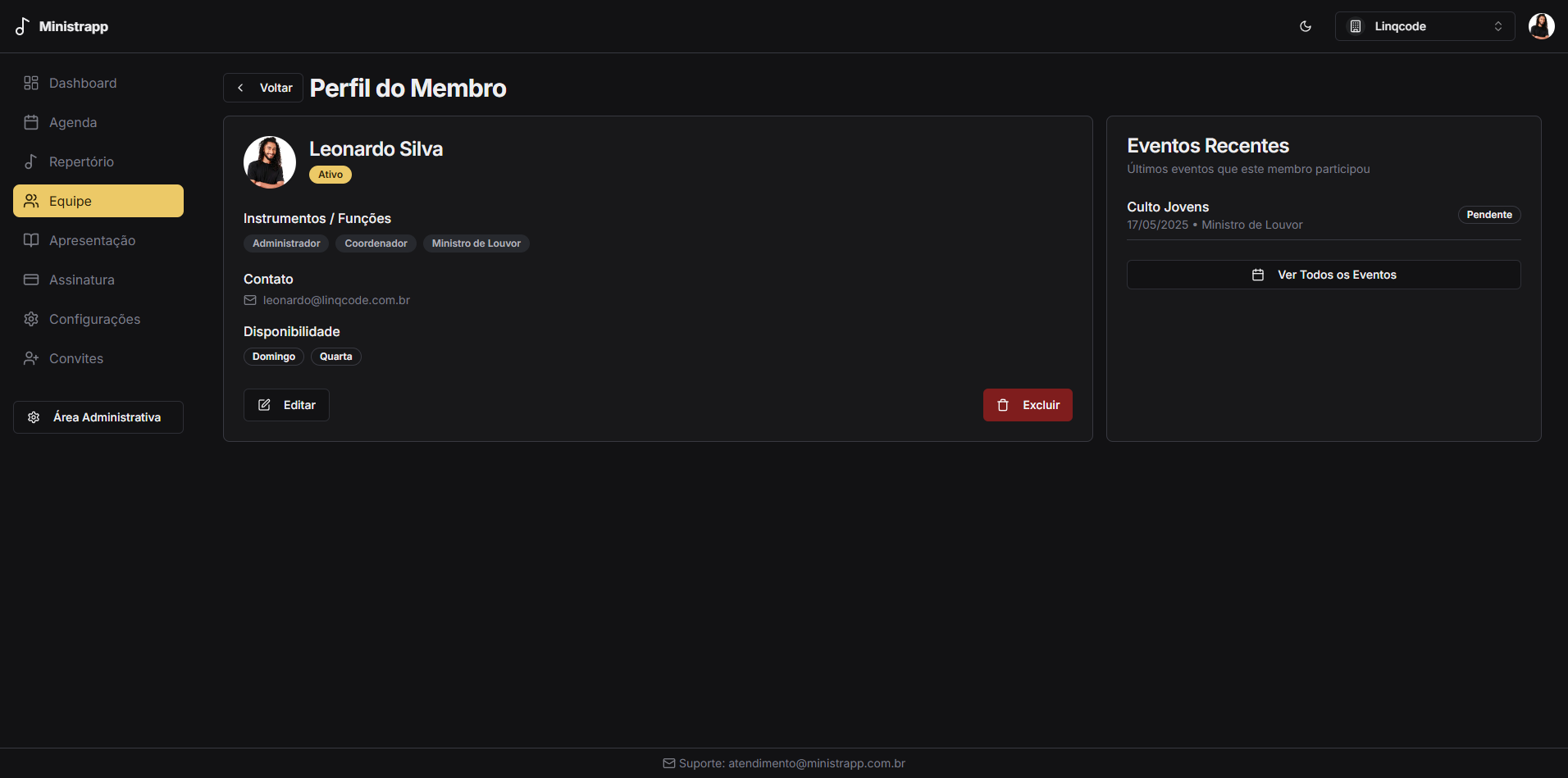 Tela de perfil do membro