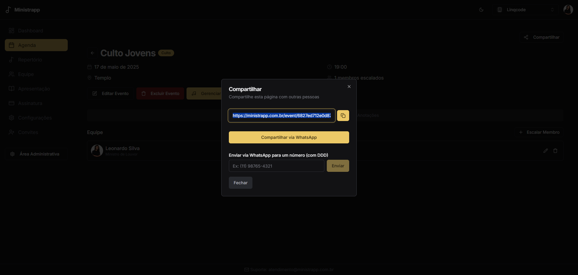 Modal de compartilhamento de evento