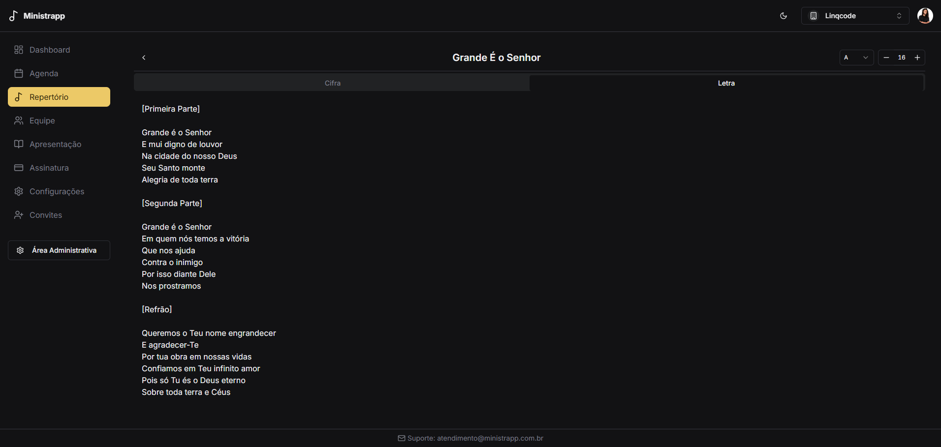 Visualização da letra da música